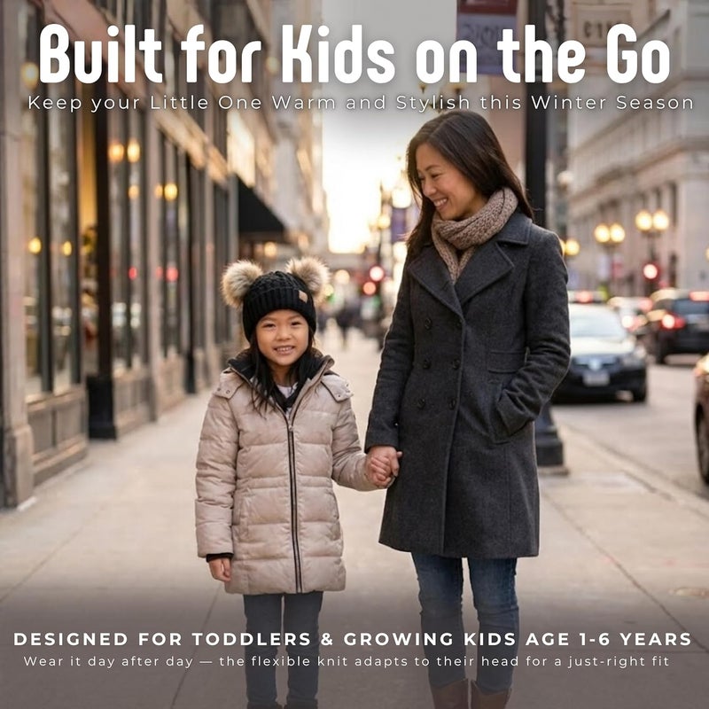 Funky Junque Toddler Double Pom Pom Beanie – Warm Knit Winter Hat for Girls Ages 1–6, Soft Kids Poms Beanies for Cold Weather - Image 4